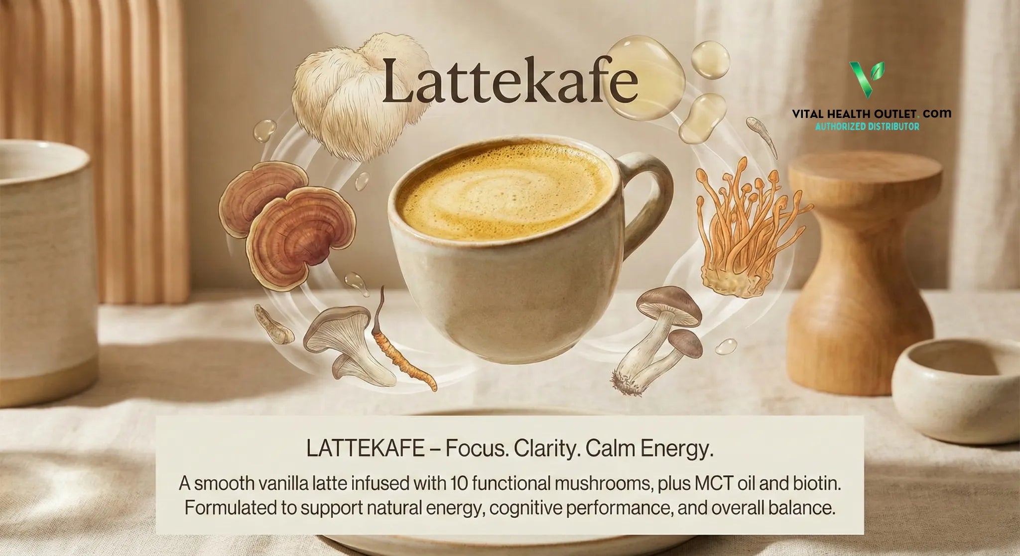 Lattekafe functional mushrooms coffee focus clarity Vital health