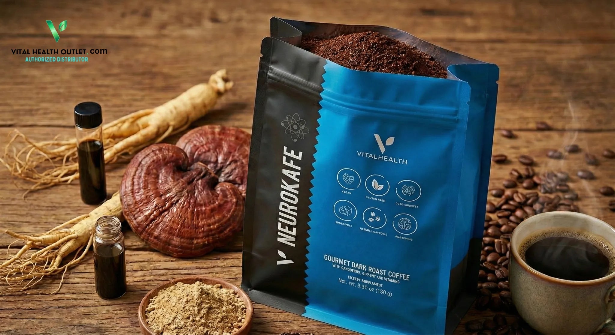 The Brain-Gut Coffee Adaptogens Ganoderma Ginseng Mental Focus | V-NEUROKAFE | Vital Health