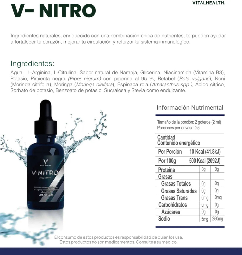 Vital health V-Nitro oxido nitrico Informacion nutricional
