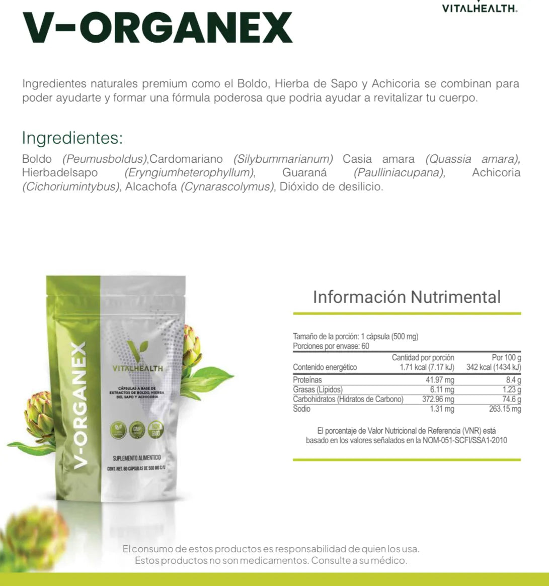 Vital Health V-Organex Informacion nutricional