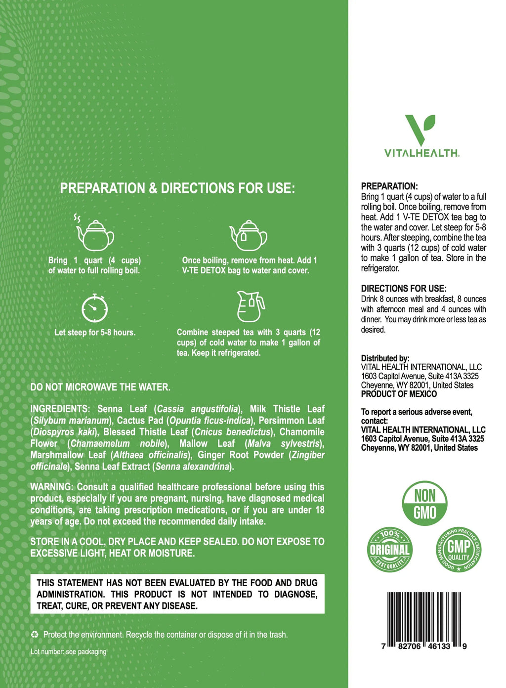 Vital Health V-tedetox packaging with preparation directions for cleanse and bloating.
