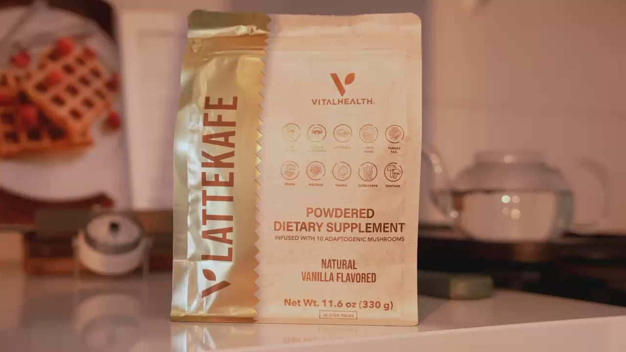 Vanilla Mushroom Coffee Latte with MCT and 10-mushroom complex for sustained energy product video. | Vital Health Outlet.