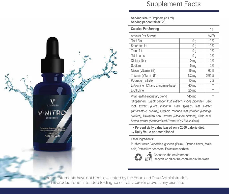 V-Nitro Nitric Oxide | Vital Health | Nutritional Facts